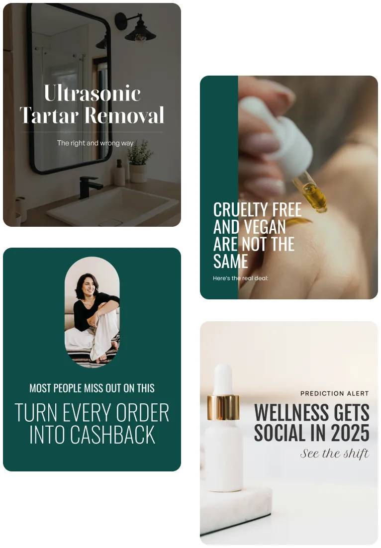 Collection of polished social media graphics featuring skincare and wellness topics, demonstrating branded content templates generated by Social Selling Suite