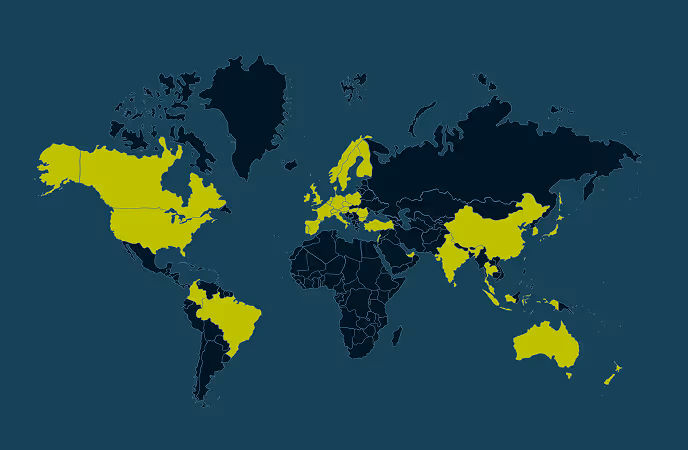 World map highlighting countries in yellow and dark blue background