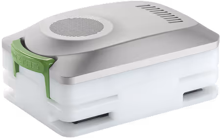 Modern white and gray portable air purifier with green accent