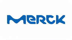 Merck company logo in blue stylized wavy lettering on white background