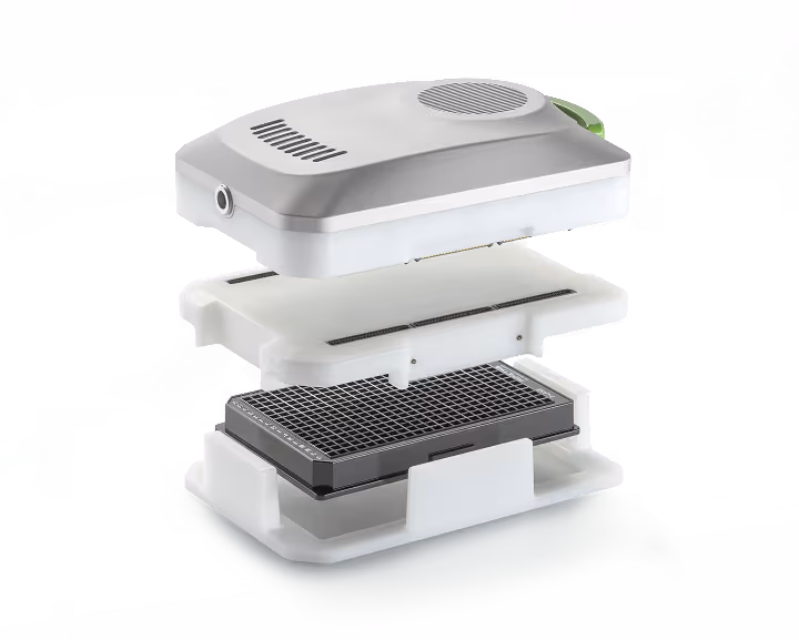 Exploded view of a white and gray laboratory incubation device