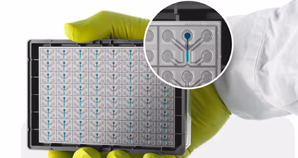 Microfluidic chip with detailed grid pattern held by gloved hands