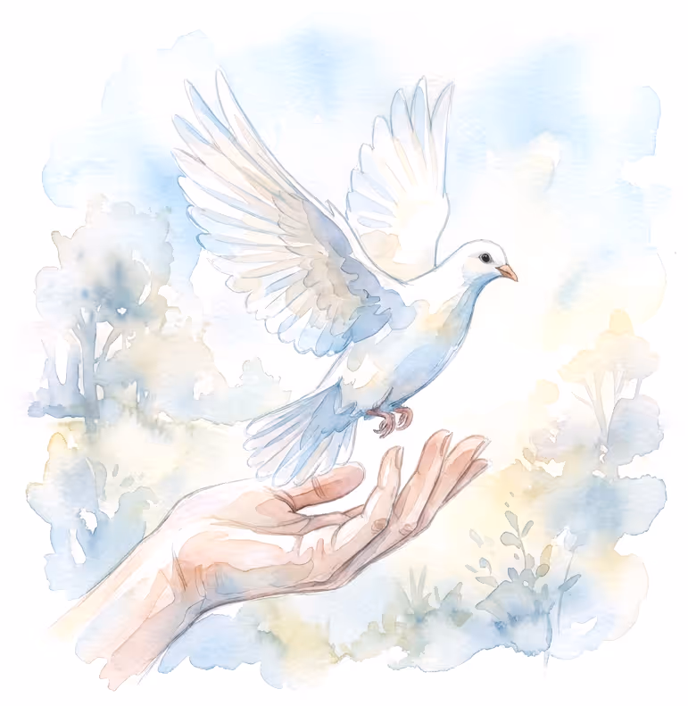 Watercolor painting of a white dove flying above an outstretched hand with soft blue and yellow background.