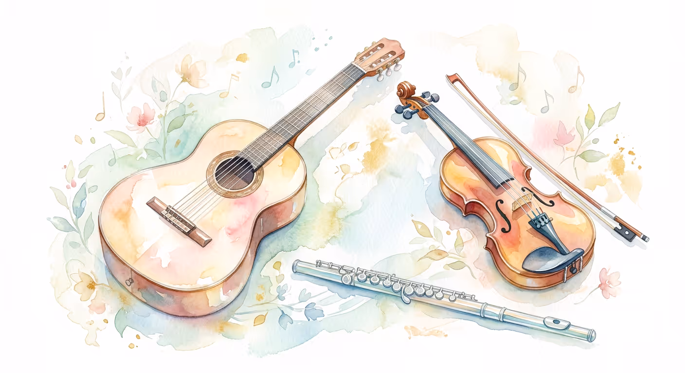 Watercolor painting of a guitar, violin with bow, and flute surrounded by floral and music note designs.