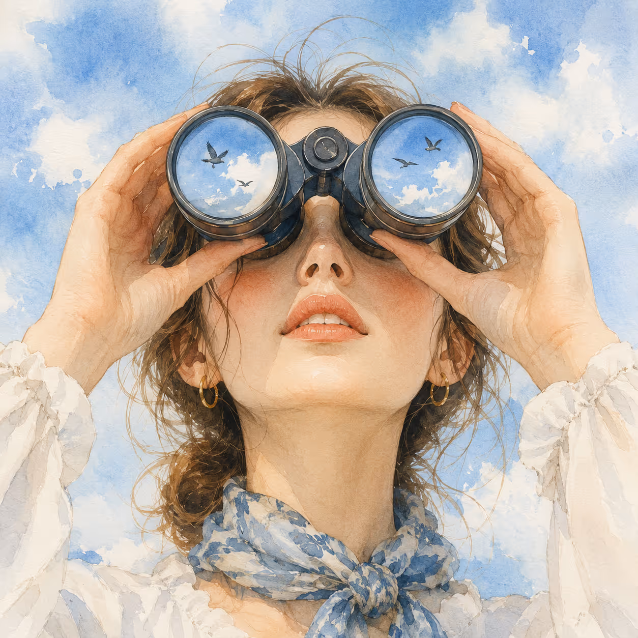 Woman with loose hair and scarf looking through binoculars reflecting birds and blue sky.