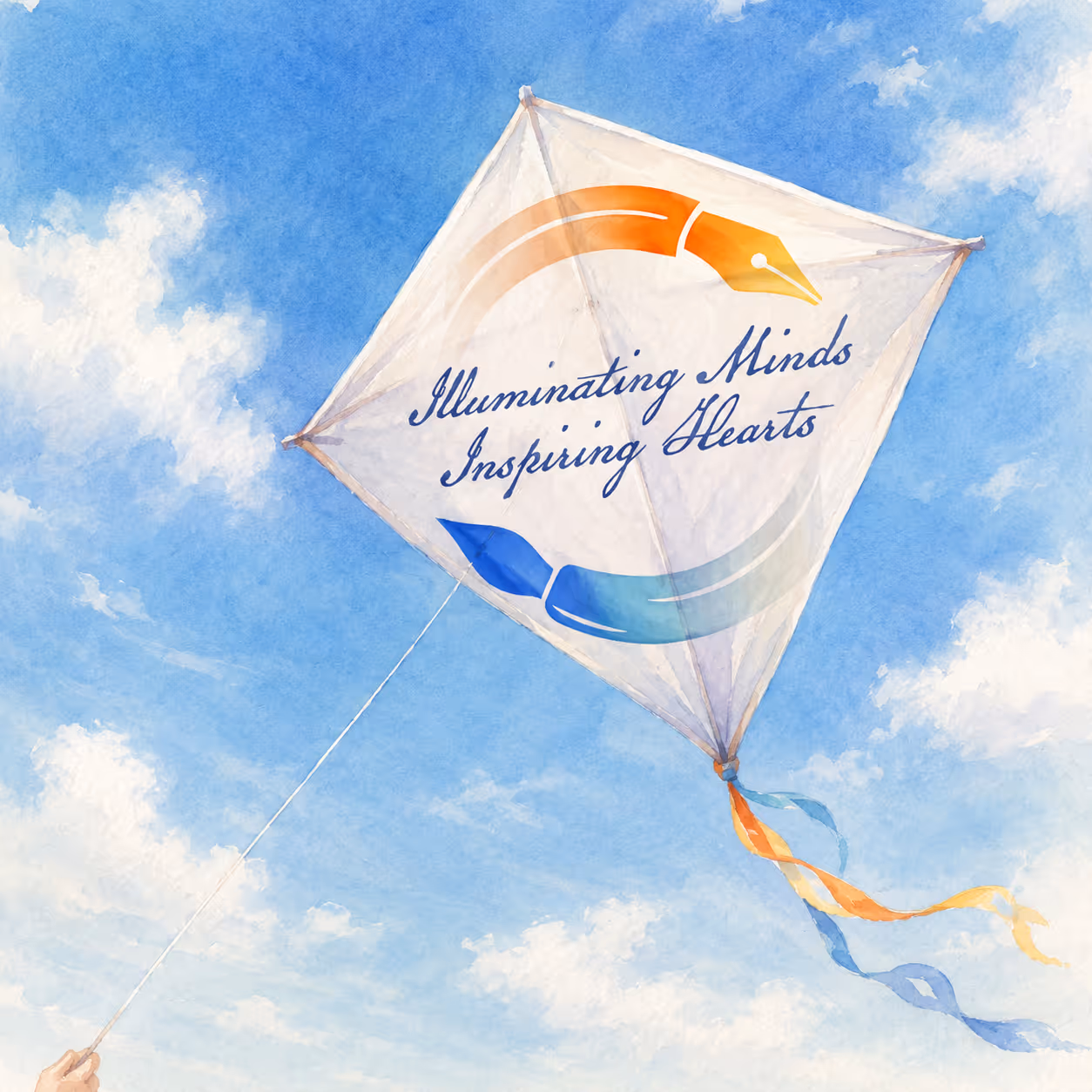 Hand flying a kite with the words 'Illuminating Minds Inspiring Hearts' against a bright blue sky.