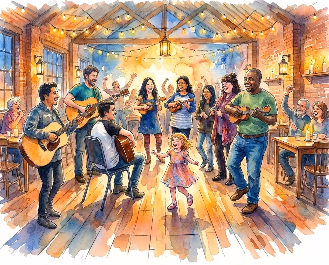 Group playing guitars and ukuleles while a young girl dances happily under string lights indoors.