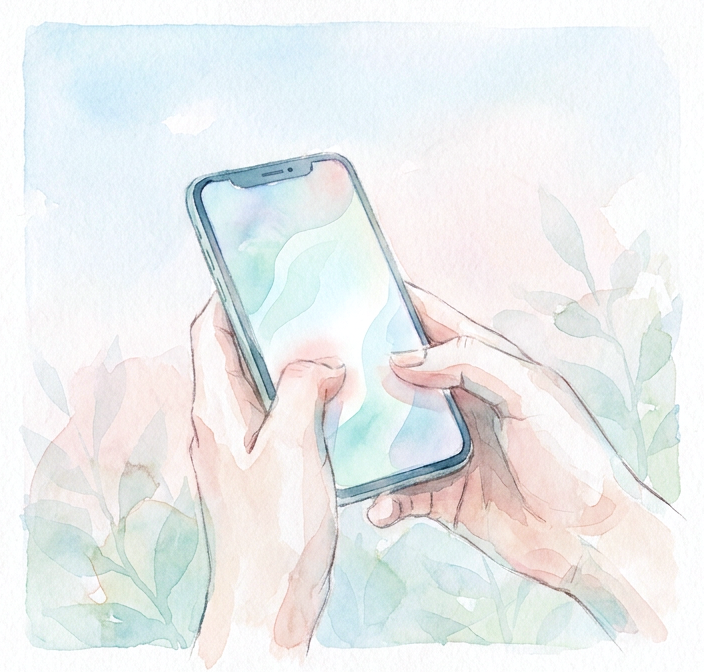 Watercolor illustration of hands holding a smartphone with abstract shapes on screen and plants in background.