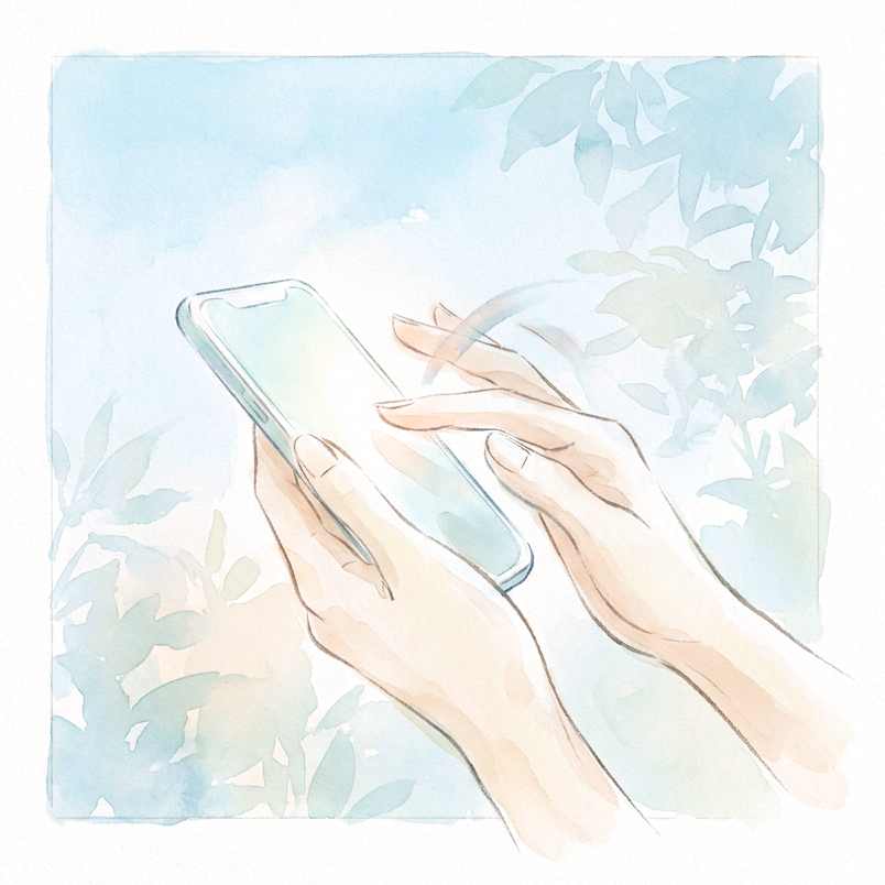 Watercolor illustration of hands holding and tapping on a smartphone with soft plant background.