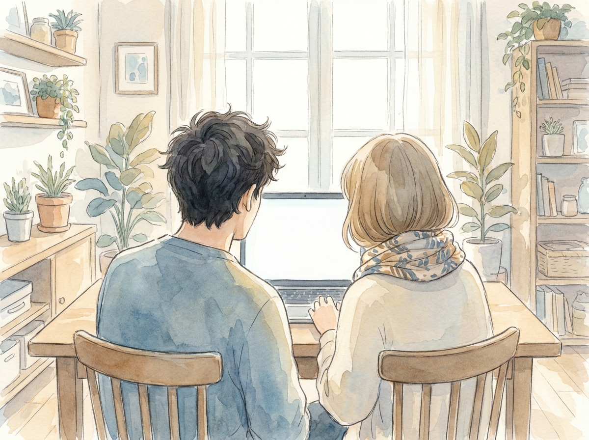 Watercolor of man and woman sitting at a table using a laptop in a bright room with plants.