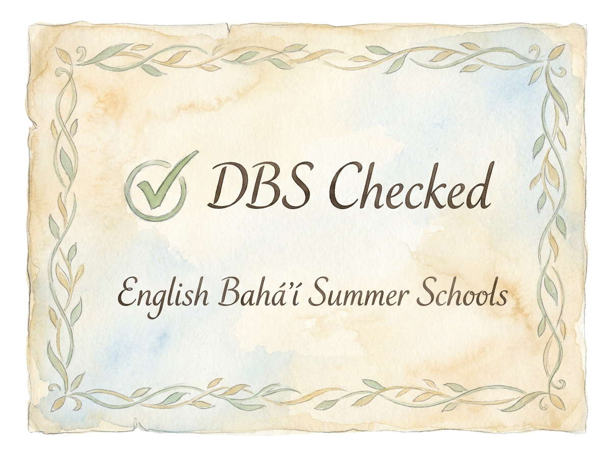 Certificate with decorative leaf border stating DBS Checked English Baháʼí Summer Schools.