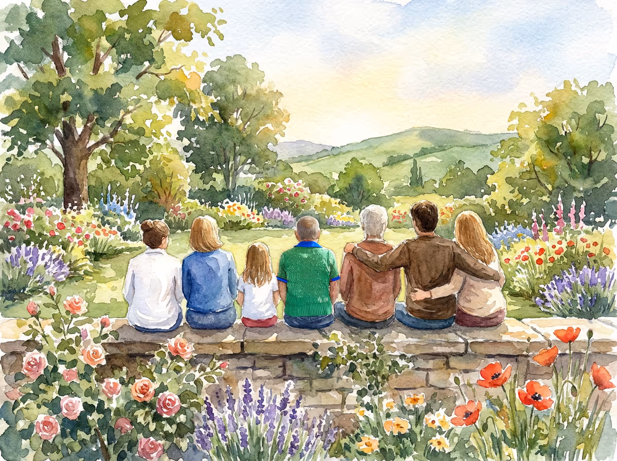 Watercolor of six people sitting on a stone wall facing a garden with trees, flowers, and hills beyond.