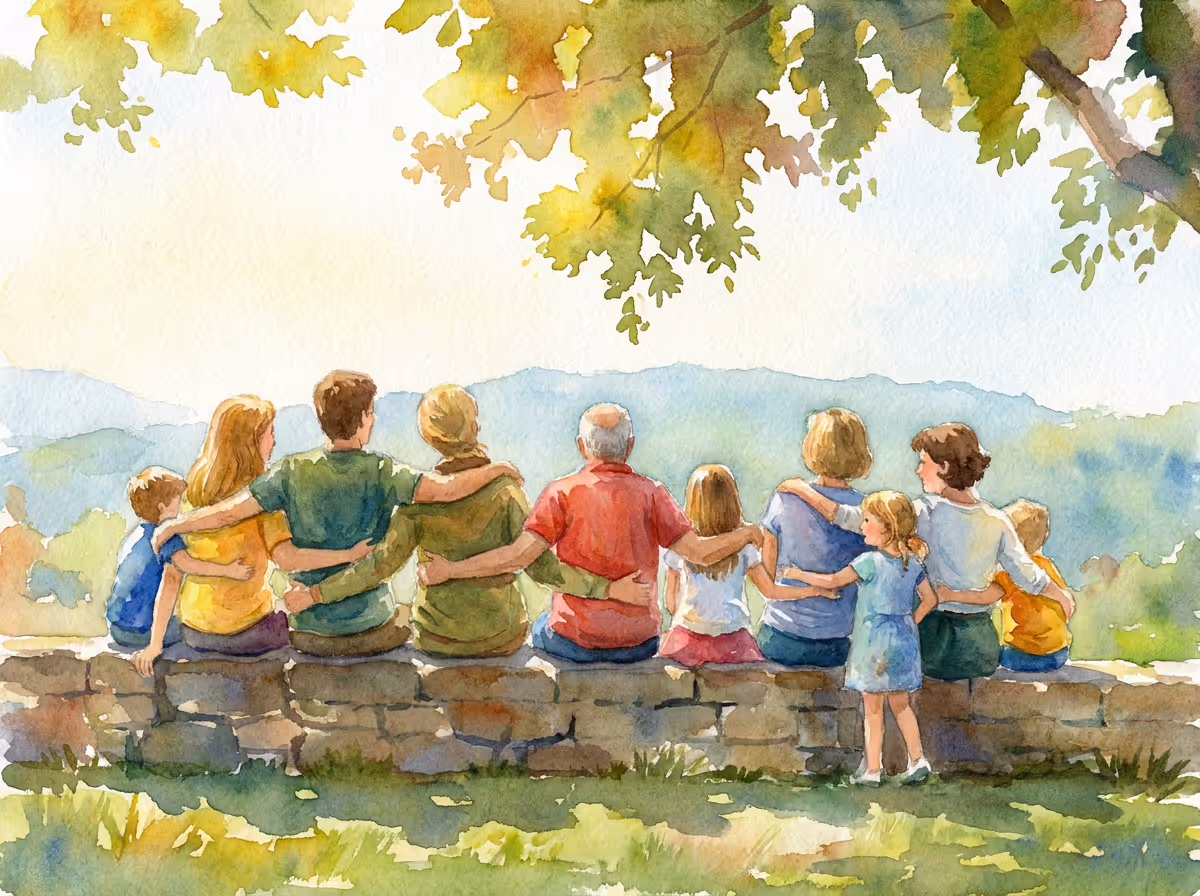 Watercolor of friends and family enjoying quality time together on a pleasant summer evening sitting on a wall.