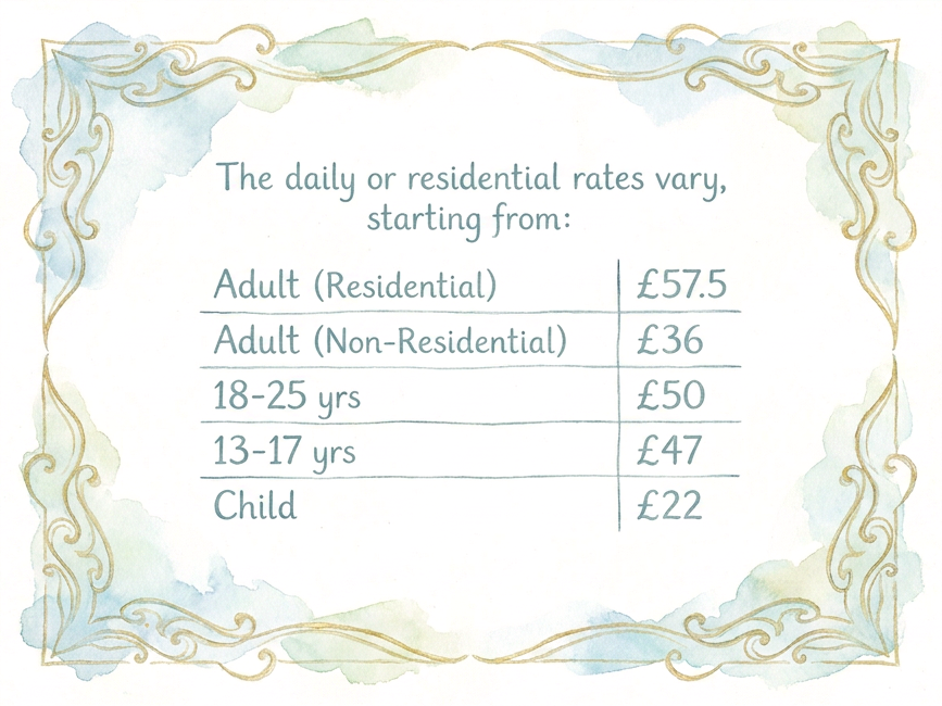 Summer school daily rates: Adult residential £57.5, adult non-residential £36, ages 18-25 £50, 13-17 £47, child £22.