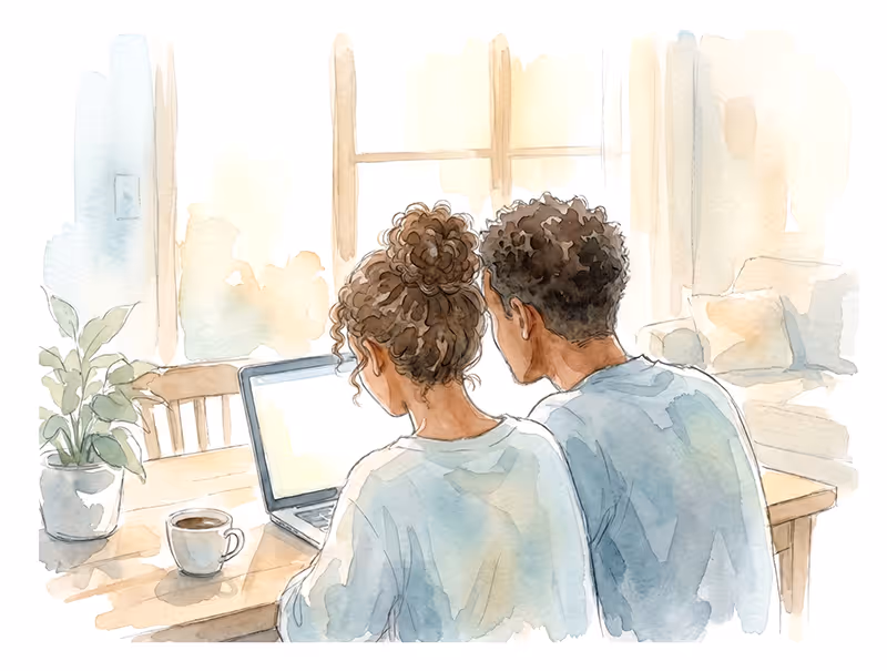 Watercolor of two people seated at a table, looking at a laptop with a coffee cup and plant nearby.