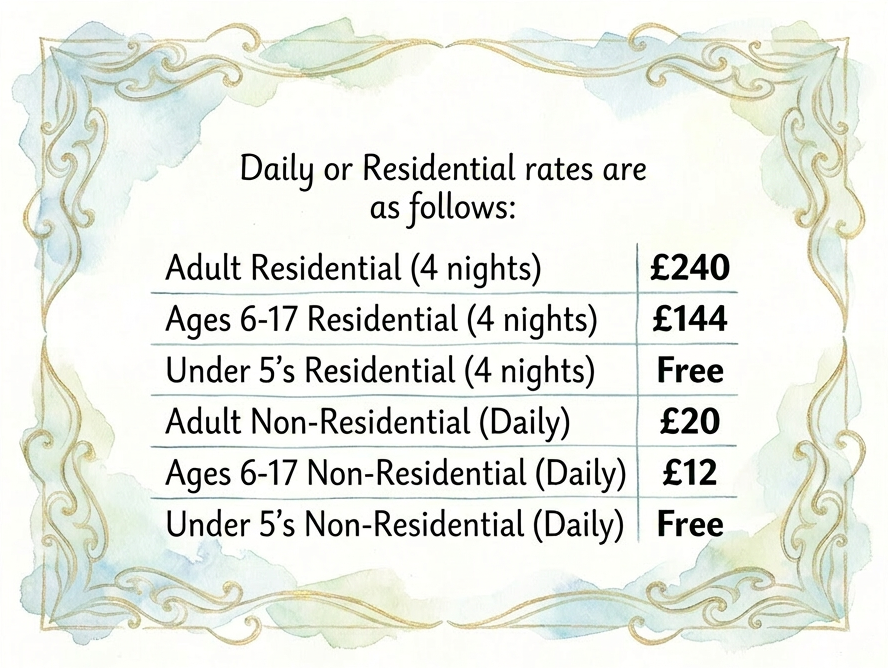Table listing daily and residential rates for adults, ages 6-17, and under 5s with some free options.