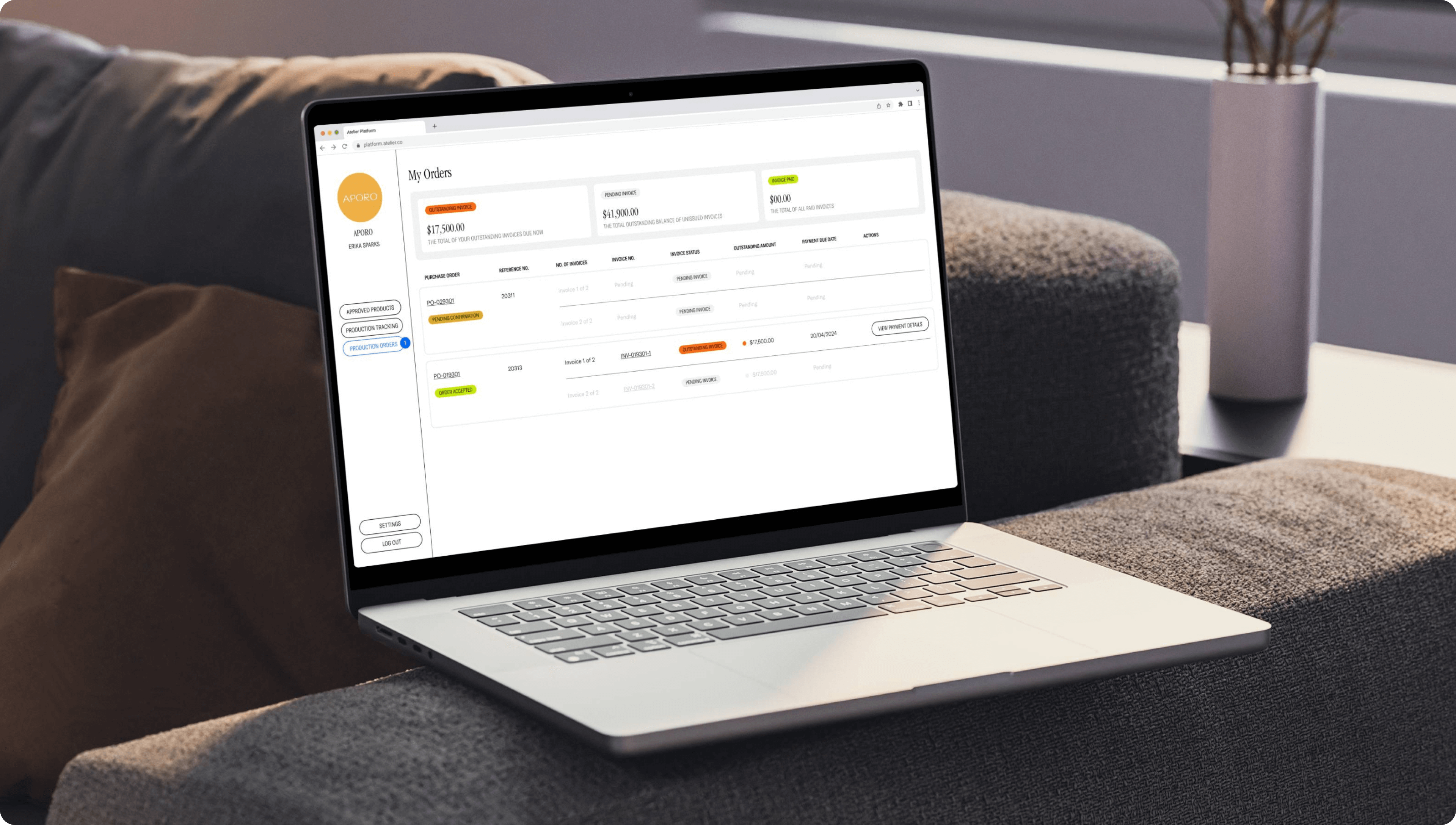 laptop mockup of platform interface on couch