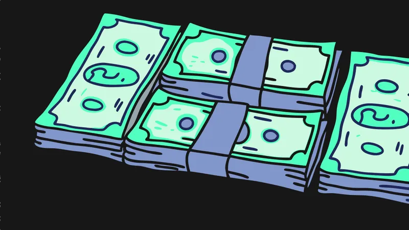 Stacks of turquoise banknotes bound with a strap — symbol of profit and financial growth