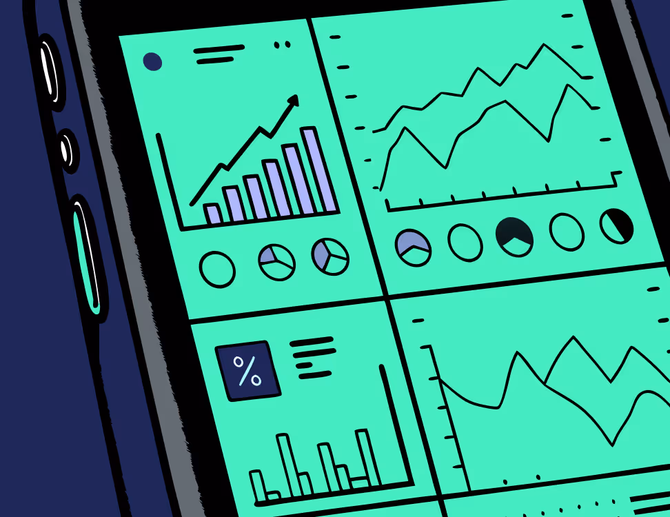 Smartphone screen displaying charts and graphs — symbol of analytics, growth, and financial metrics