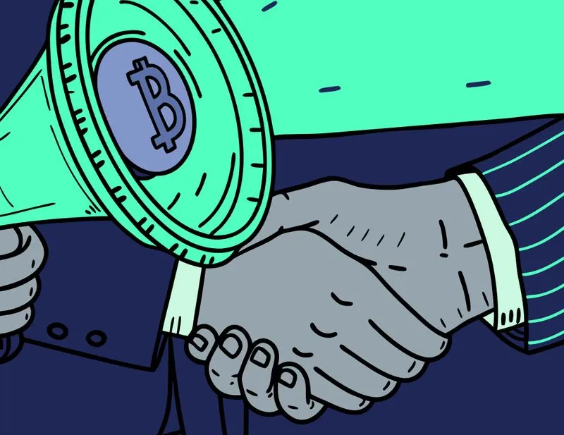 Handshake in front of a megaphone with bitcoin symbol — representing partnership and promotion in the crypto industry