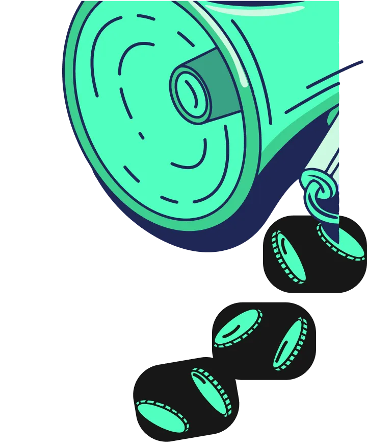 Turquoise cylinder pouring coins, representing cash flow and monetization