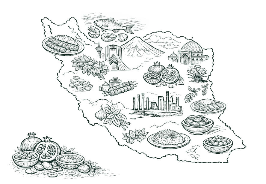 a cultural map of Iran, showing iranian and persiian food  and culinary motifs from across Iran