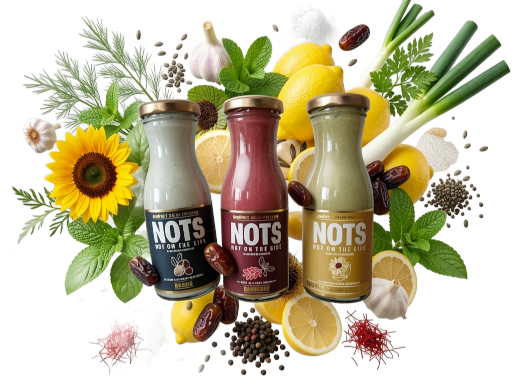 a photograph of the three NOTS Salad Dressing bottle flavours