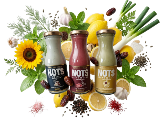 a photograph of the three different flavors of NOTS Gourmet Dressing, surrounded my fresh natural ingredients