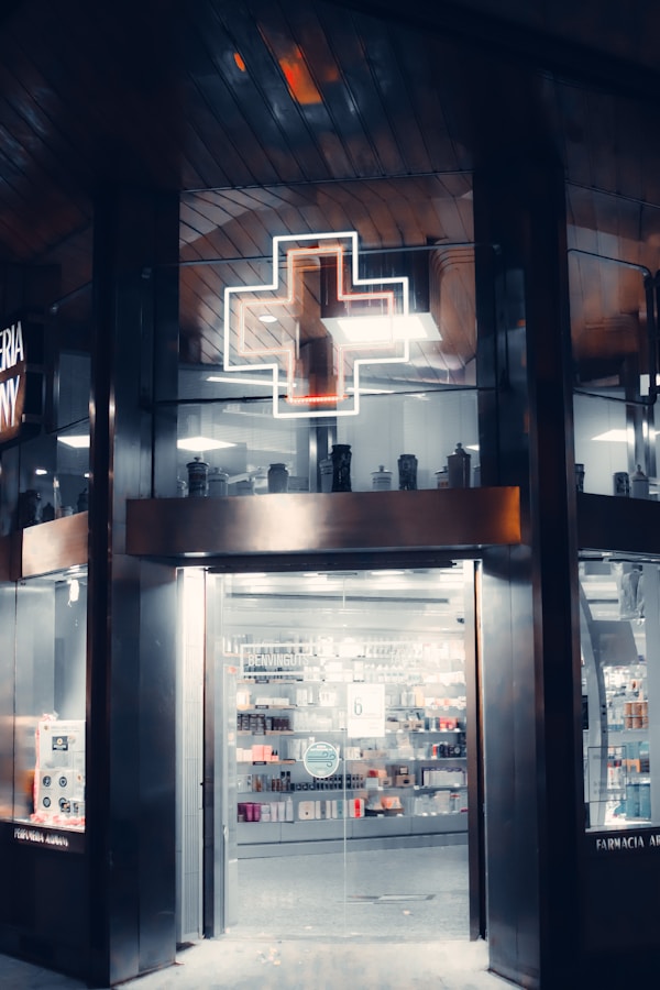 the inside of a store with a cross on the door