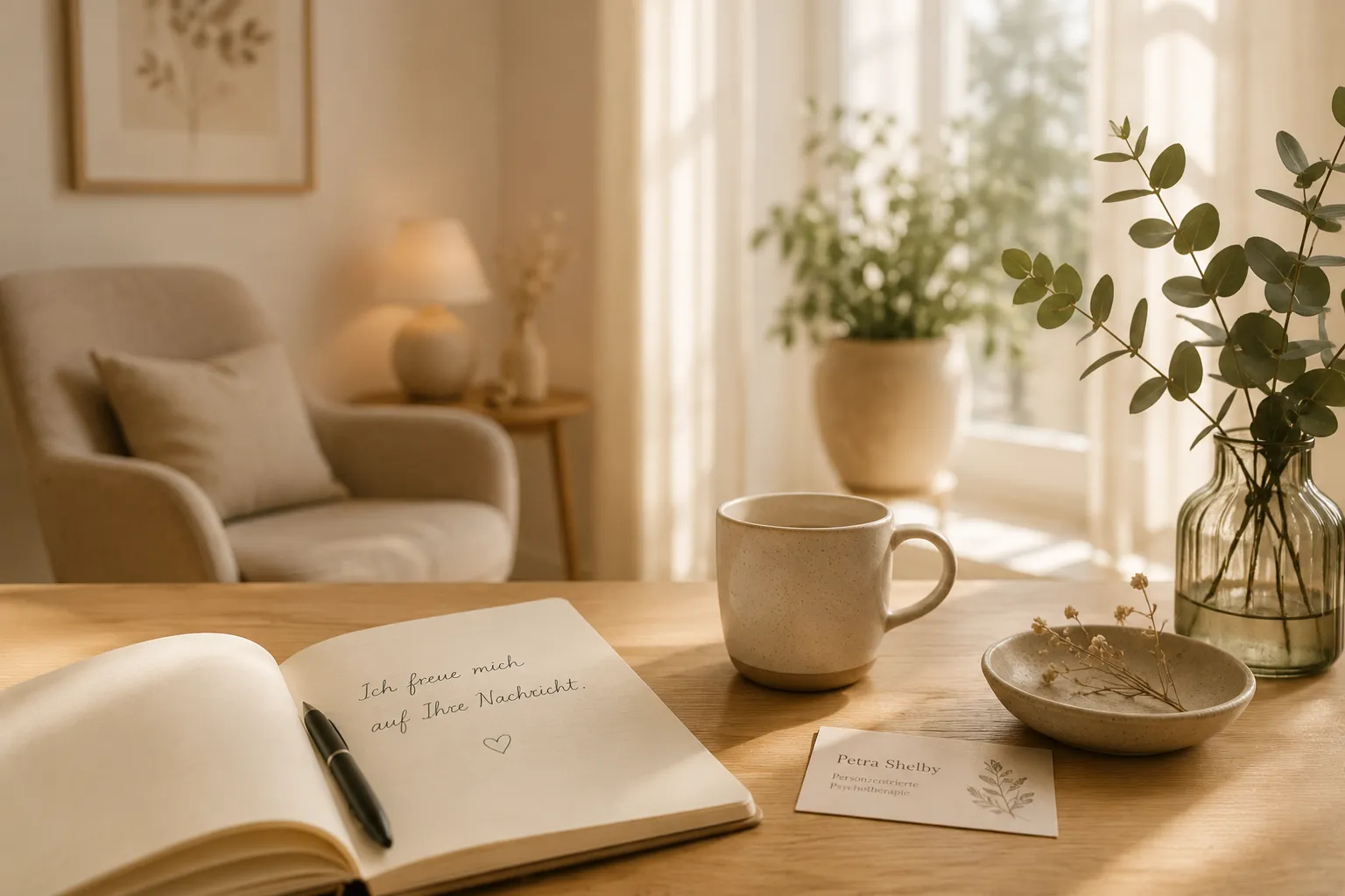 KI-generierte Illustration mit Notizbuch "Ich freue mich auf Ihre Nachricht" – Kontakt für Psychotherapie in Wien