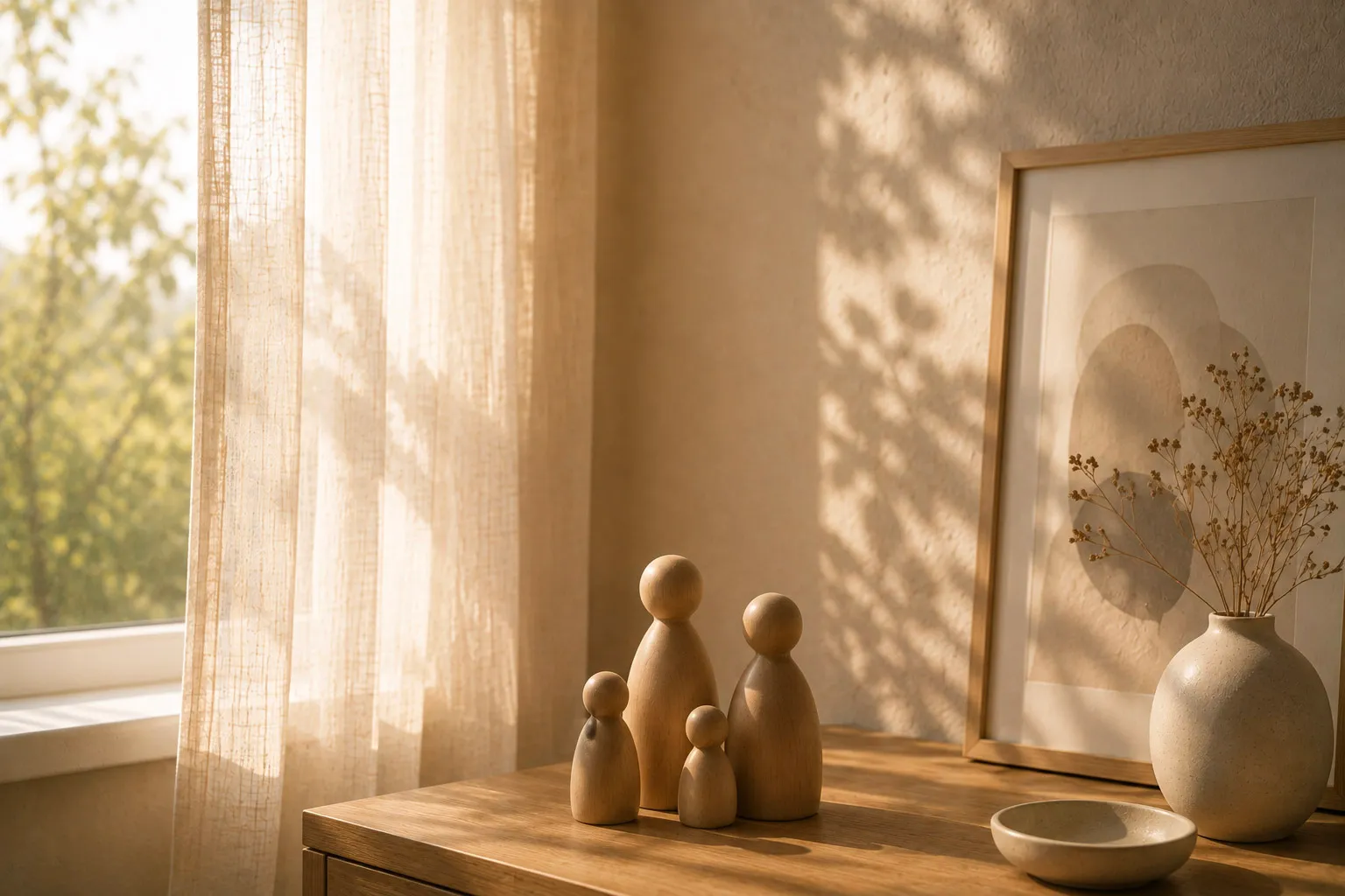 Holzfiguren einer Familie auf einer Kommode – Familientherapie