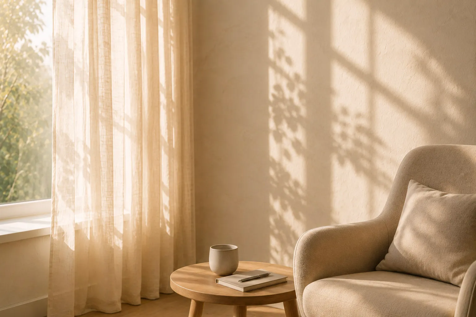 Sonnendurchflutete Sitzecke am Fenster – Personenzentrierte Psychotherapie für Erwachsene in Wien