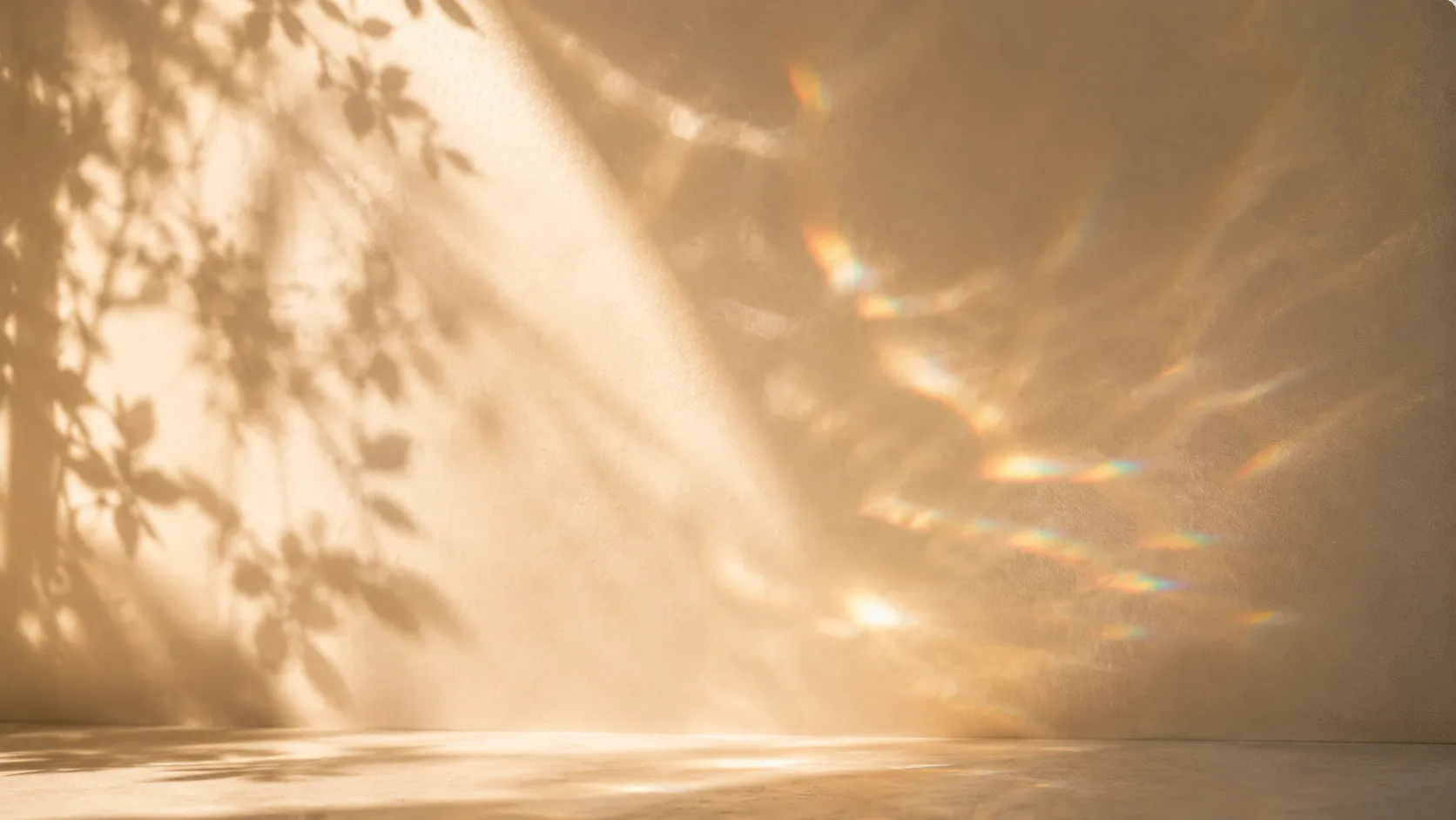 Warmes Sonnenlicht durch Blätter auf einer Wand – Stimmungsbild zum Blog Innenwelten