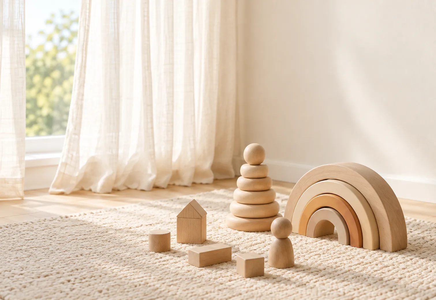 Holzspielzeug auf einem Teppich – Personenzentrierte Spielpsychotherapie für Kinder ab 3 Jahren in Wien