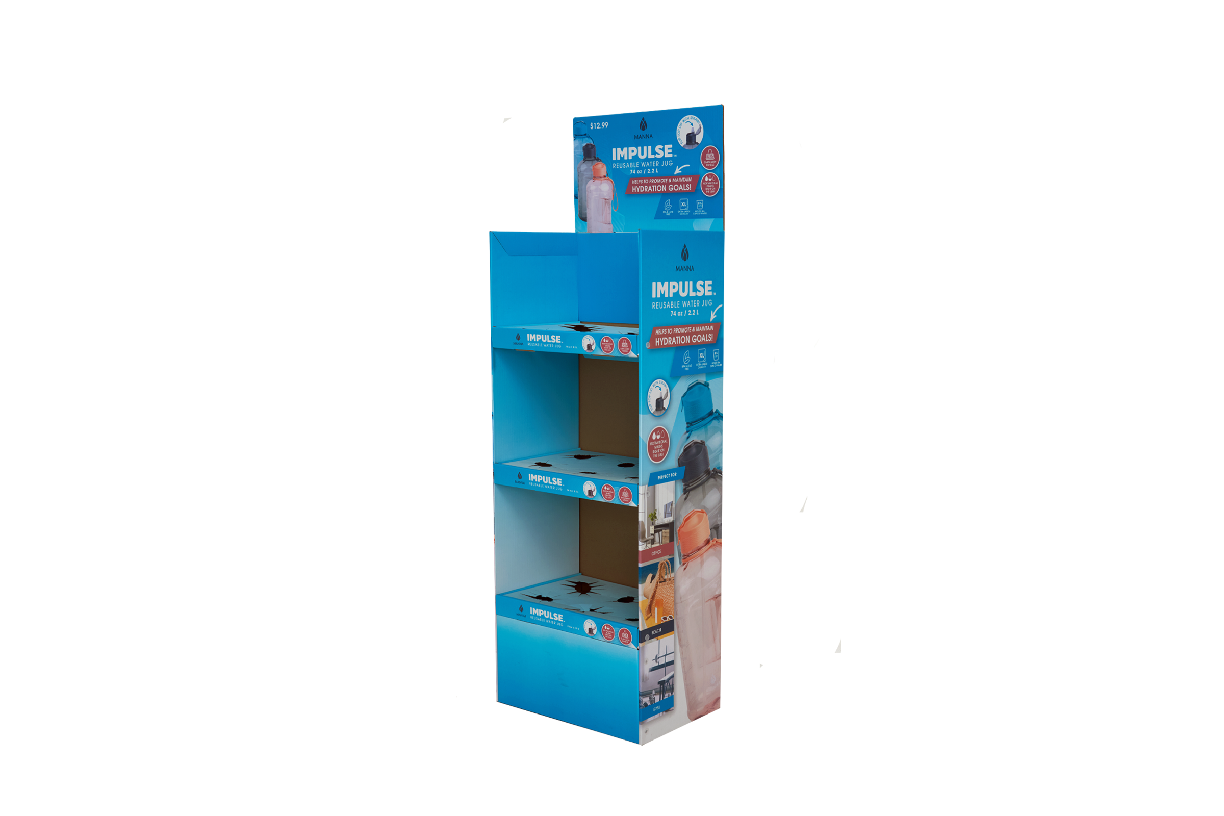 Three tier floor standing water bottle display stand