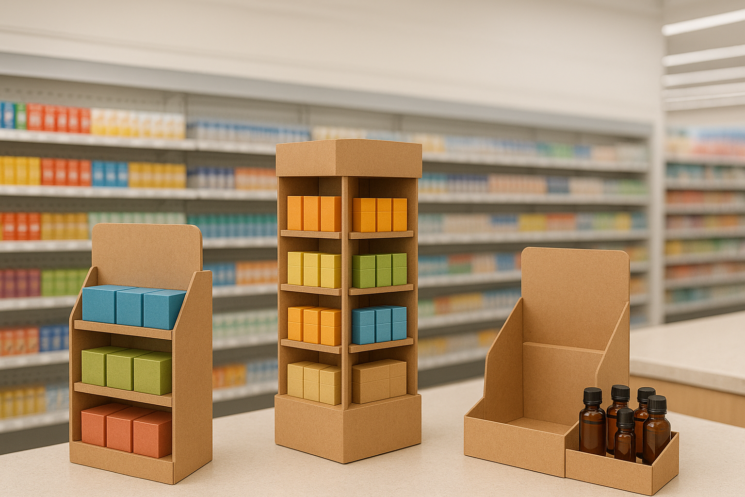 paper display stands for showcasing products in supermarkets