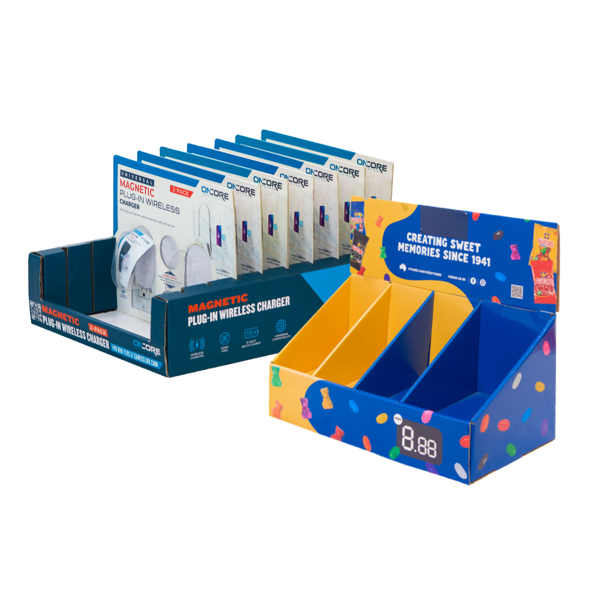 Cardboard PDQ displays and PDQ display stands used as shelf ready PDQ display trays for retail chargers and candy, showing PDQ display packaging and a PDQ counter display highlighting PDQ meaning in retail visual merchandising displays.