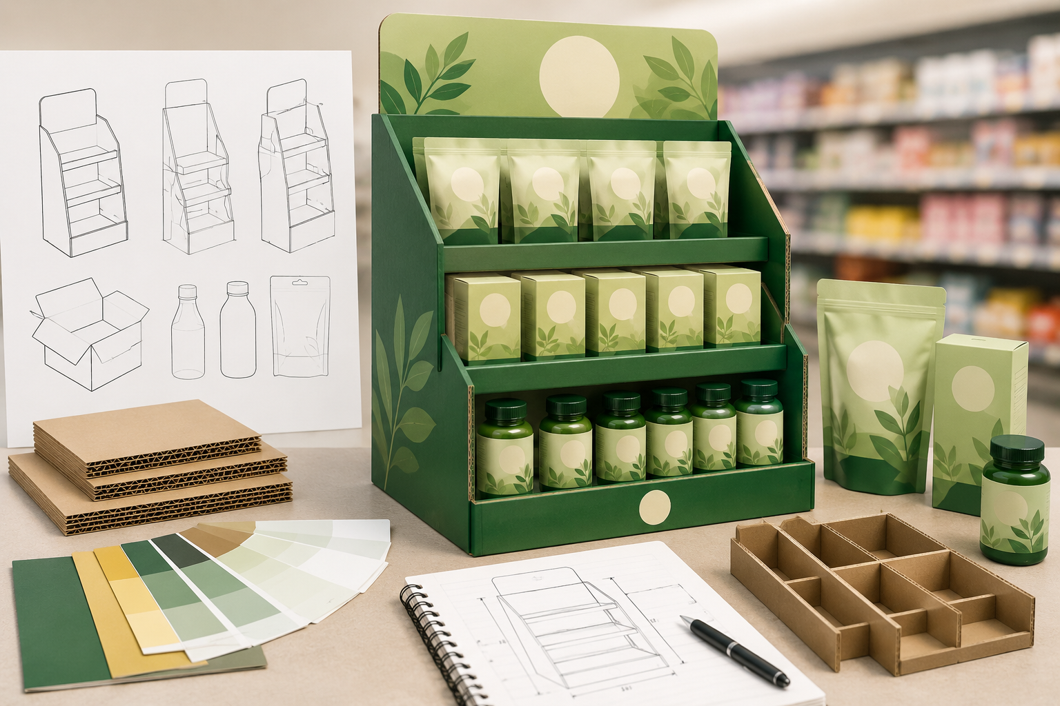 A custom cardboard display design concept showing how product packaging size, shape, weight, graphics, and retail placement influence the final display structure.