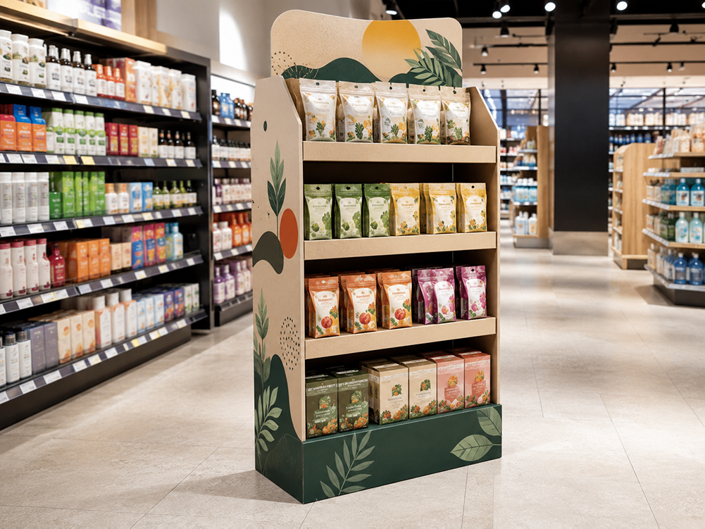 A custom cardboard floor display with balanced shelf capacity, clear product visibility, and neatly arranged retail packaging in a modern store environment.