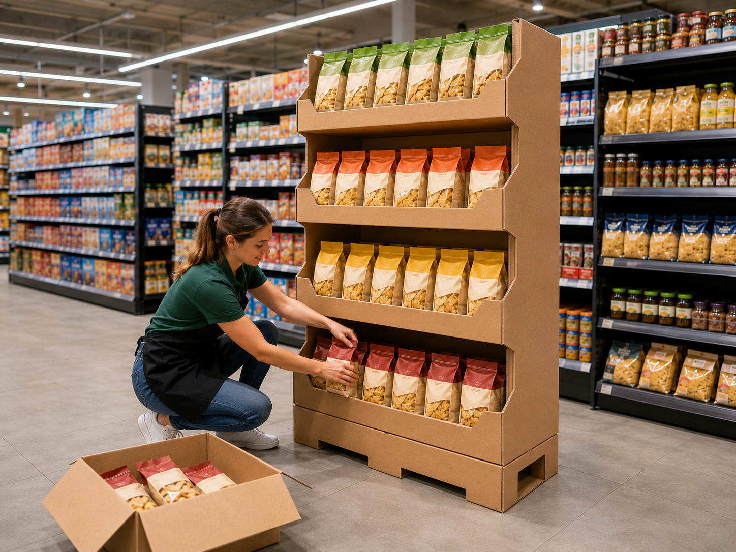 A restock-friendly cardboard floor display designed with open shelves, easy product access, and neat facing to support faster retail replenishment.