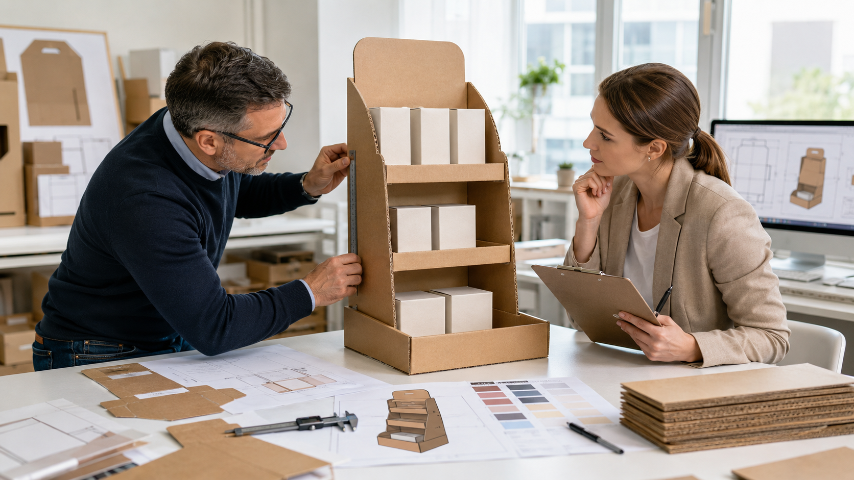 Packaging professionals reviewing a cardboard display prototype with product mockups, design drawings, and measuring tools before mass production.