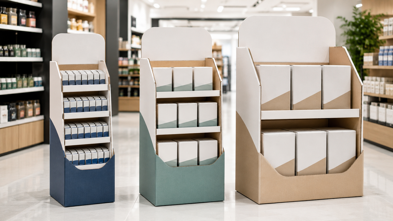 This image shows how small, medium, and large products require different display structures to stay organized, stable, and easy to shop in real retail environments.