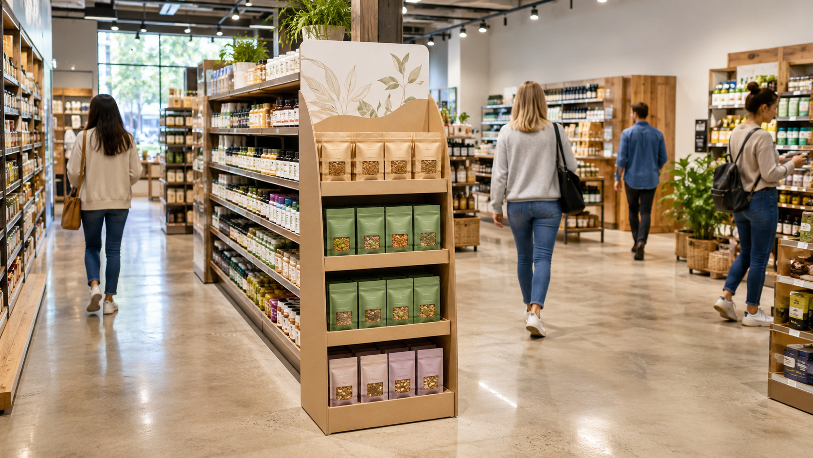 Modern retail store interior with cardboard floor displays, aisle displays, and checkout counter displays placed along shopper traffic paths.