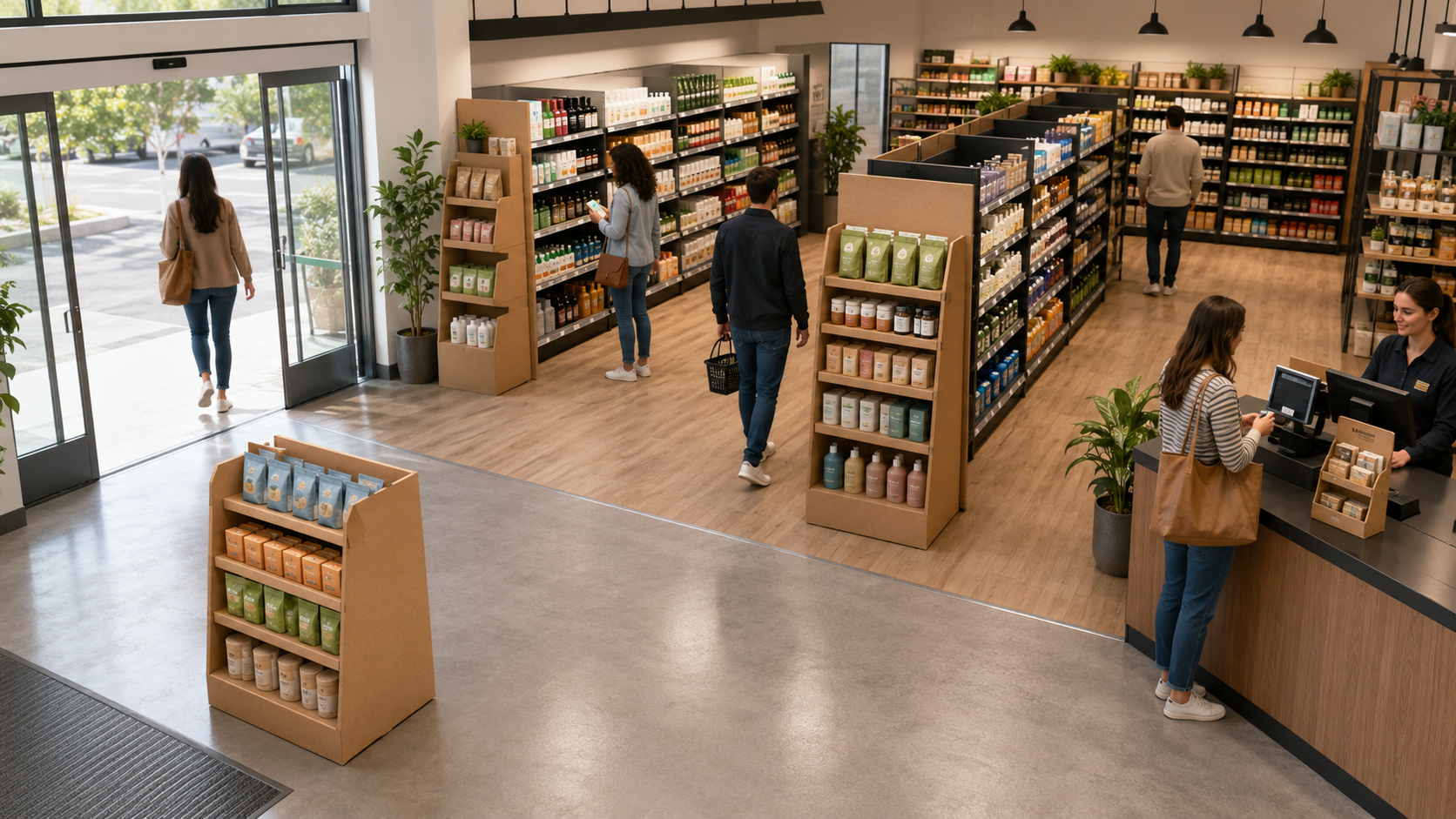 Modern retail store interior with cardboard floor displays, aisle displays, and checkout counter displays placed along shopper traffic paths.