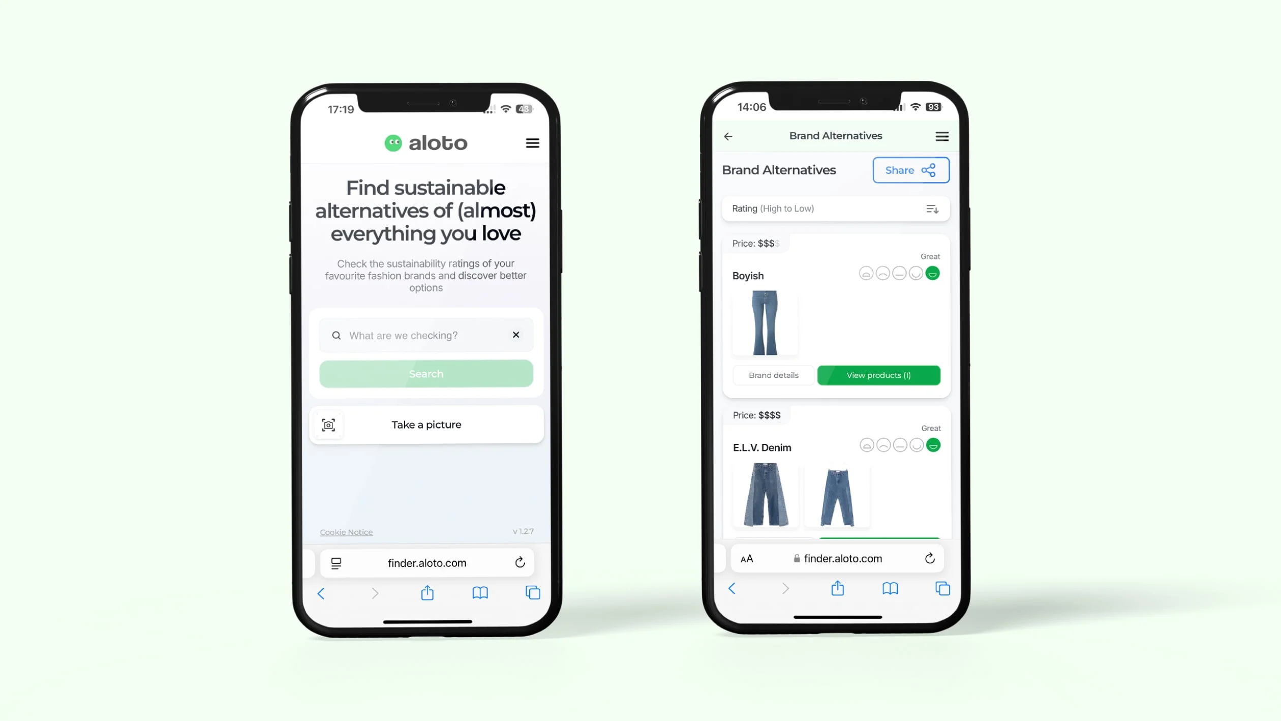 Two smartphones display the Aloto app. The left screen shows a search page for sustainable product alternatives, while the right screen lists alternative brands for jeans, including prices and ratings.