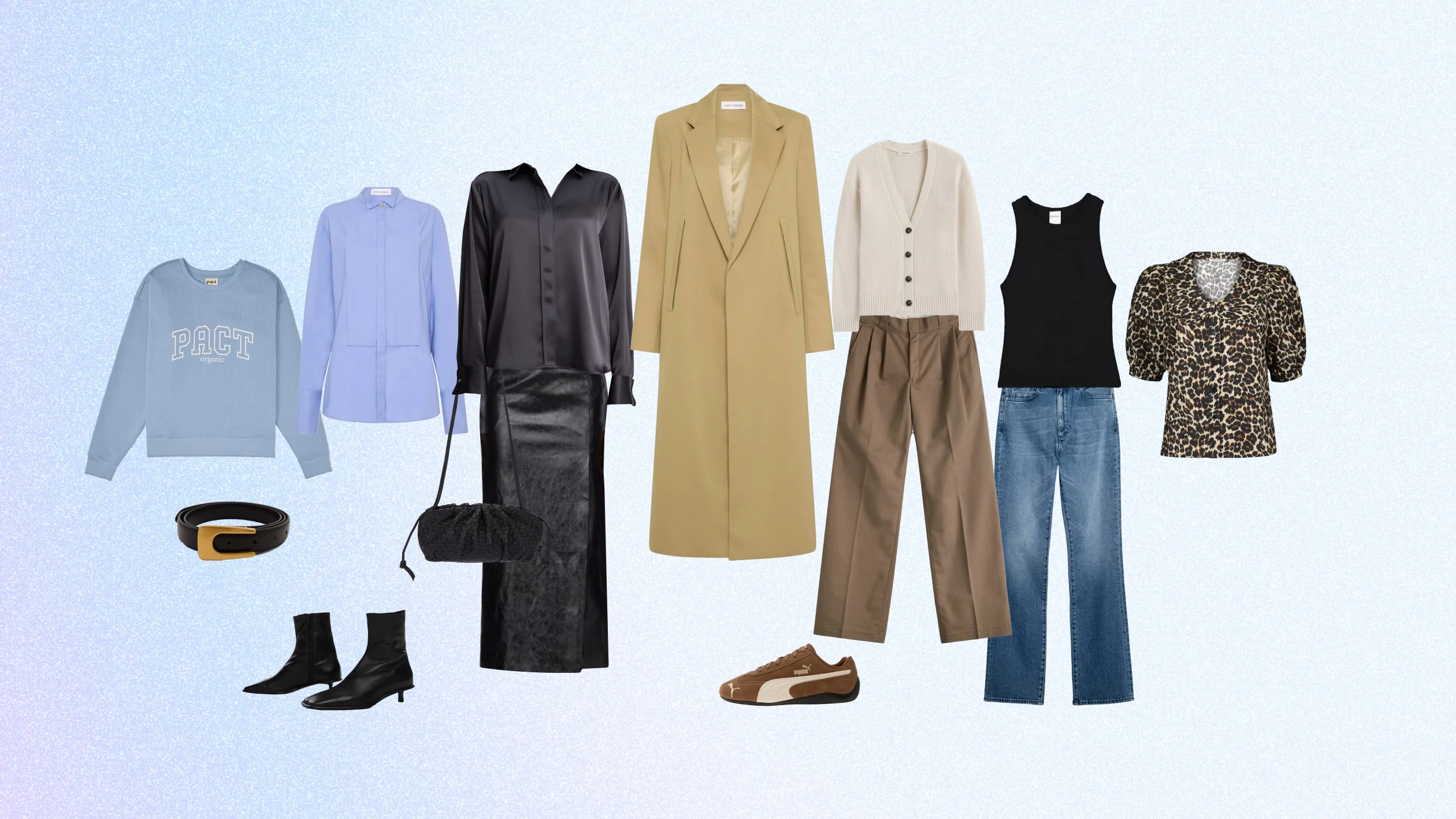 A clothing collection is displayed, featuring a sweatshirt, blouse, black skirt, black boots, black purse, beige coat, satin shirt, cardigan, trousers, sneakers, tank top, jeans, belt, and a leopard print blouse.