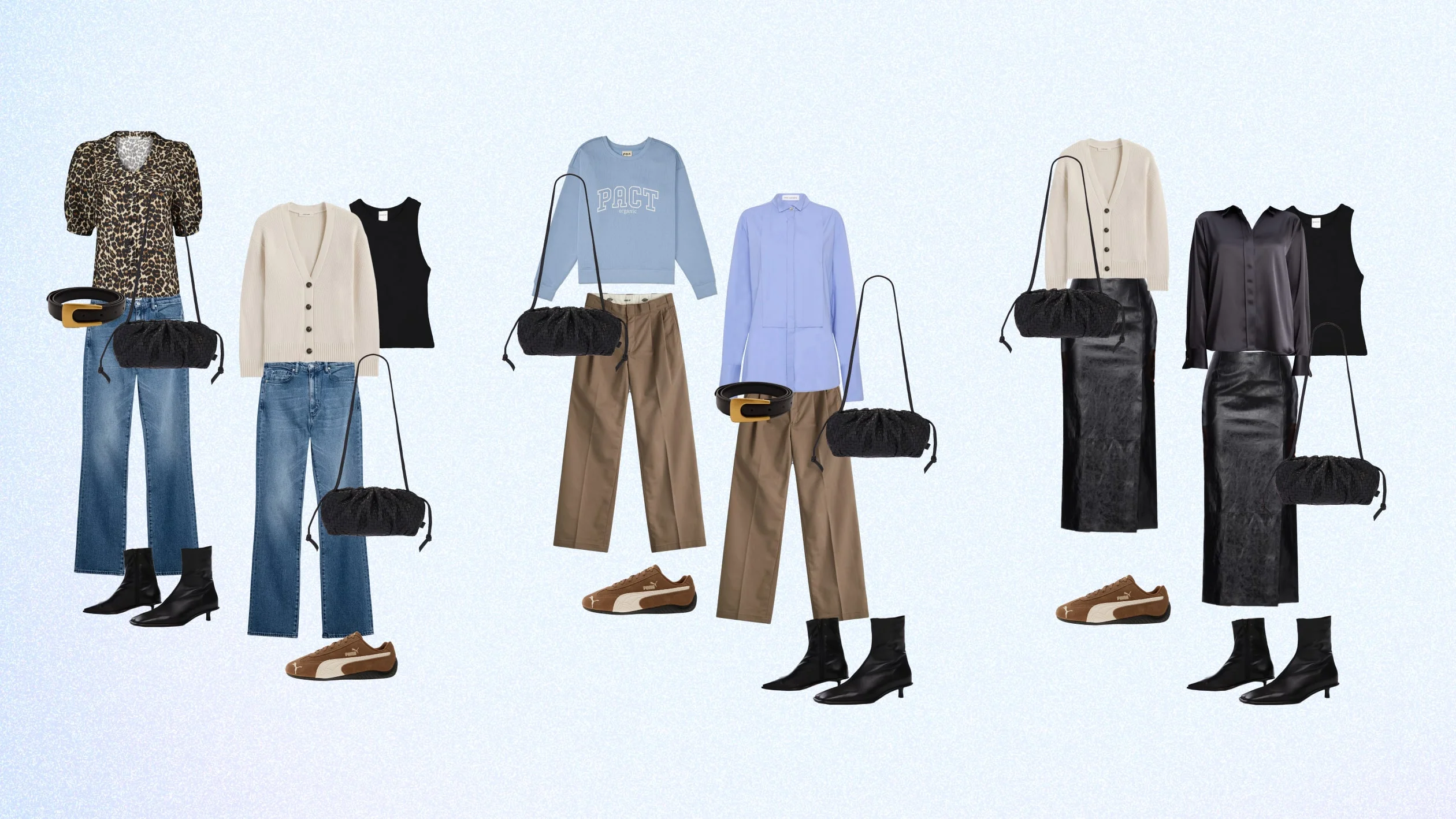 Five different women’s outfits are displayed, each consisting of tops, bottoms, shoes, and handbags. Styles vary from casual with jeans and sneakers to more formal looks with skirts, boots, and structured blouses.