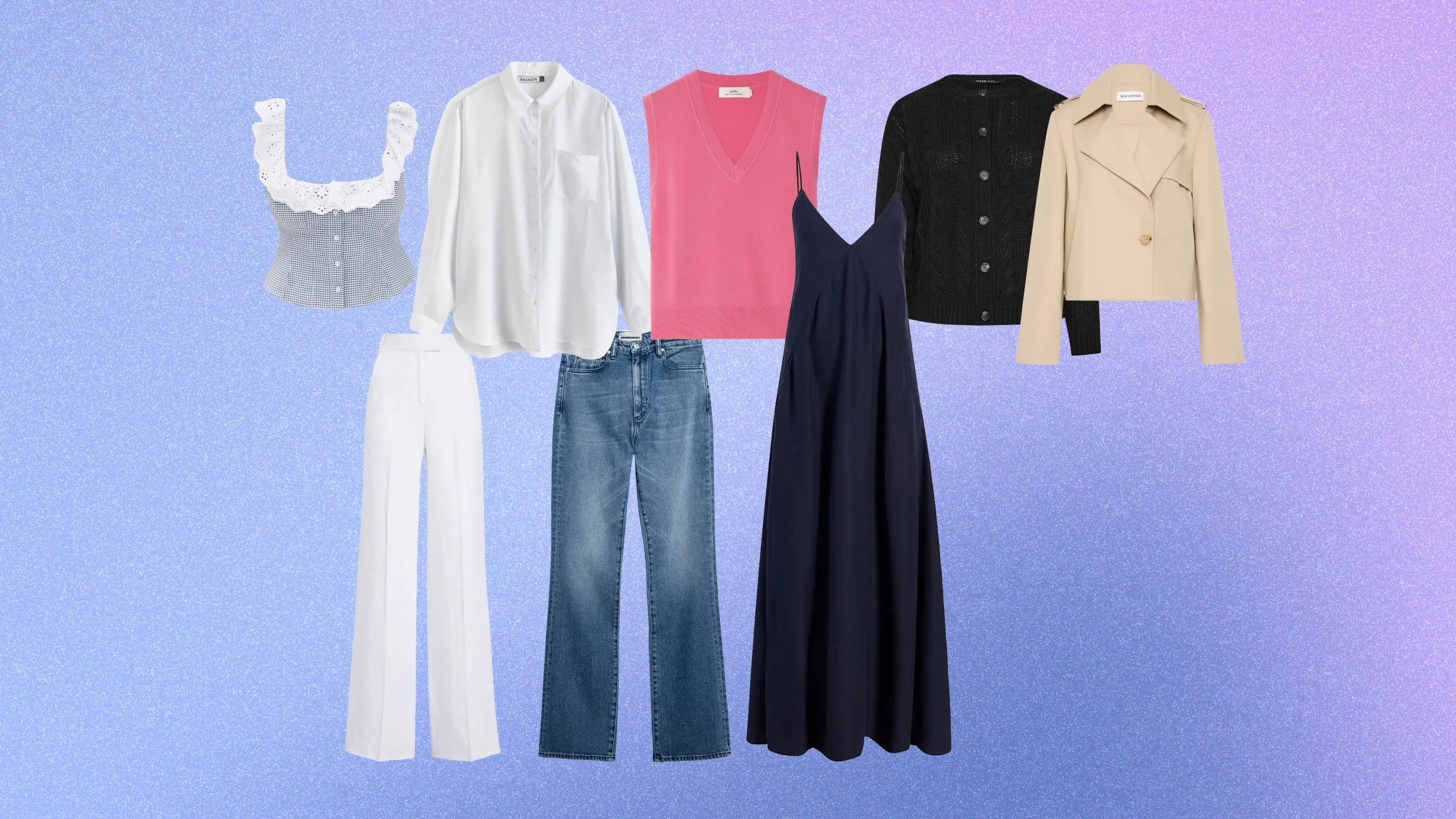 A collection of women’s clothing on a blue-purple gradient background: a lace-trimmed gray crop top, white blouse, white pants, blue jeans, pink vest, navy dress, black jacket, and beige trench coat.
