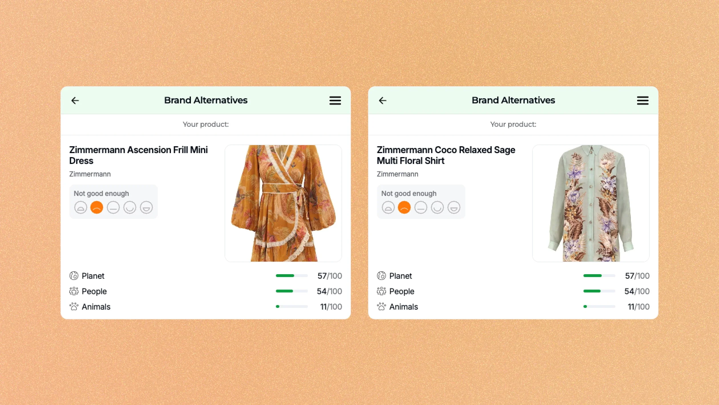 Two product comparison cards display Zimmermann dresses with ratings for Planet, People, and Animals. Each card shows a product image, name, and green or orange score bars for each sustainability category.