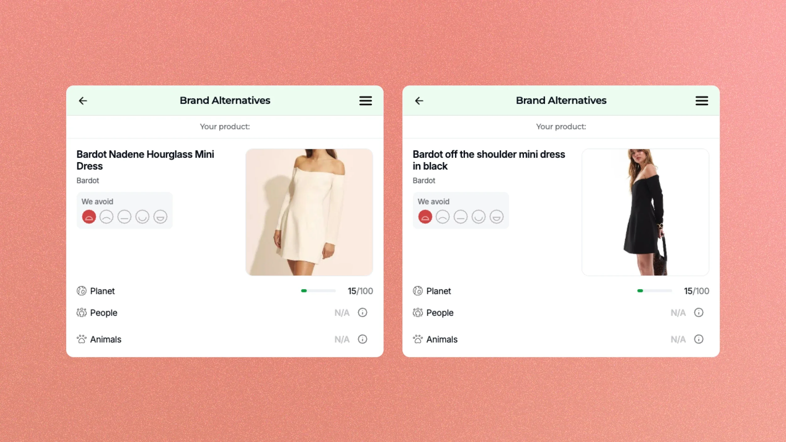 Two product cards display sustainable fashion ratings for Bardot dresses—one white off-shoulder mini dress and one black off-shoulder mini dress—against a pink textured background. Ratings for planet, people, and animals are shown.